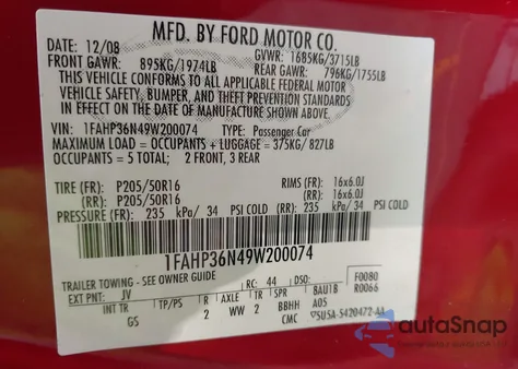 2009 Ford Focus Ses из США, поврежденный, VIN 1FAHP36N49W200074